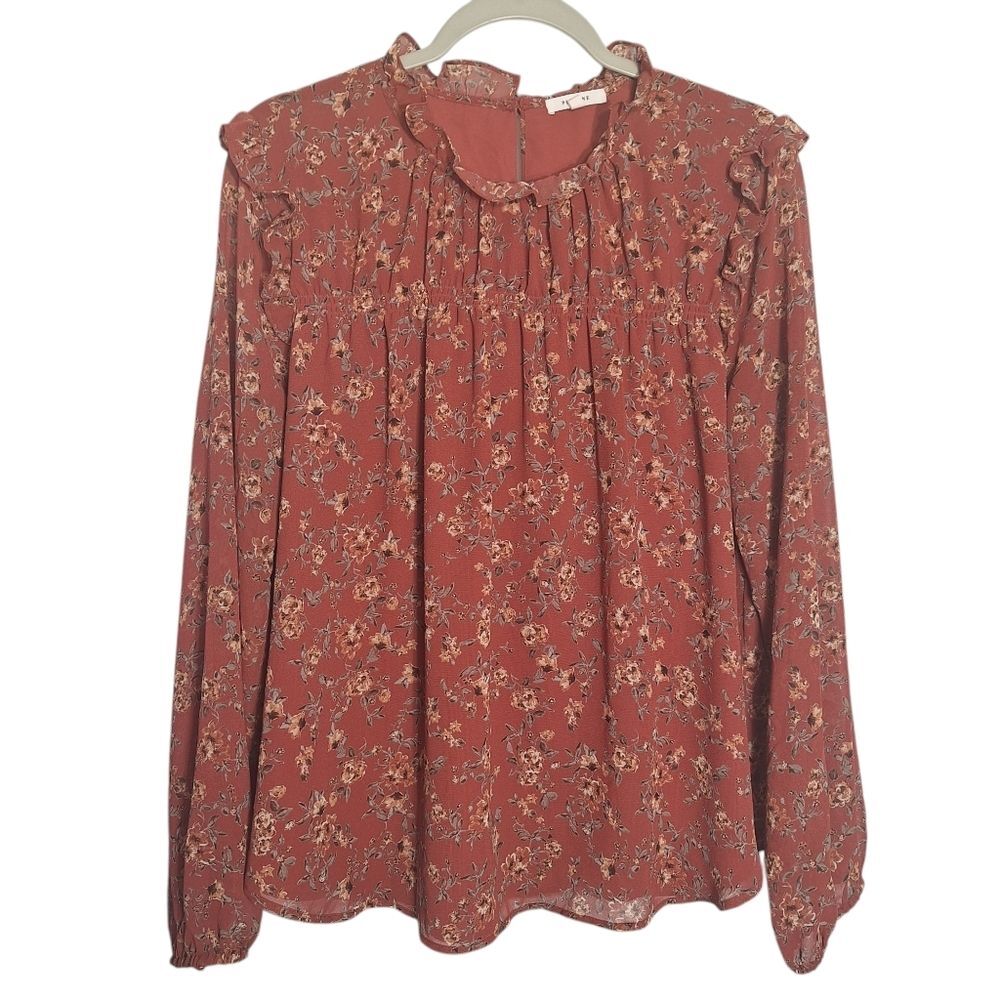 Pleione Floral Ruffle Blouse Cottagecore Boho Chic Long Sleeve Large Womens